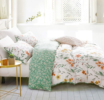 SLEEPBELLA Duvet Cover Set 600 Thread Count Cotton Bedding Set (Twin, White&Green Floral)