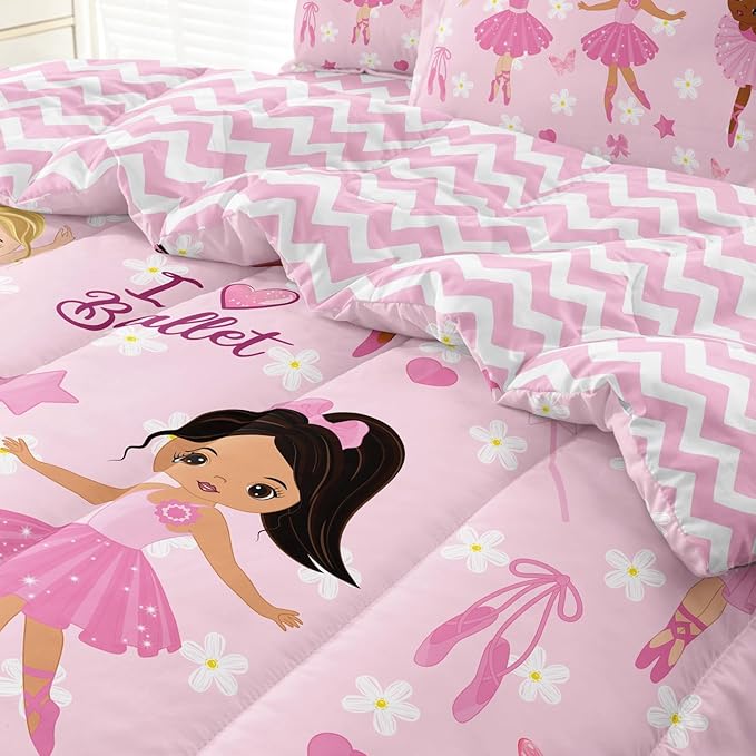 Full Bedding Set for Girls Kids 5 Pieces Comforter Sets Bed in a Bag Pink Floral Ballerina Bedding Comforter Sheet Set Cute Bedroom Decor