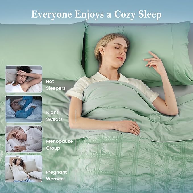 Cozy Bliss Cooling Comforter Seersucker Plaid King Size, Q-Max 0.45 Lightweight Cooling Blanket, Breathable Silk Smooth Summer Bedding Quilt for Hot Sleepers Night Sweats Sage Green