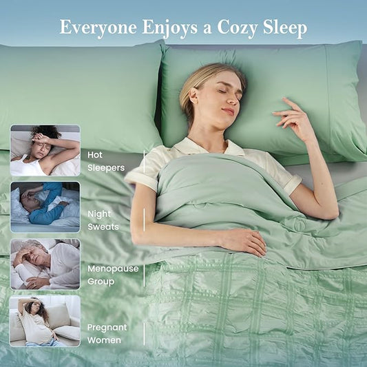 Cozy Bliss Cooling Comforter Seersucker Plaid Queen Size, Q-Max 0.45 Lightweight Cooling Blanket, Breathable Silk Smooth Summer Bedding Quilt for Hot Sleepers Night Sweats Sage Green