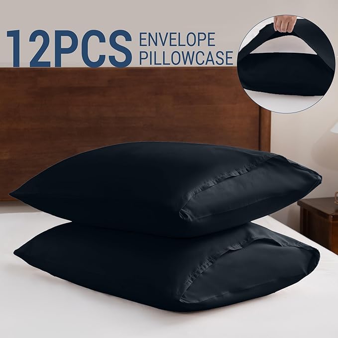 Pillowcases Queen 12 Pack, 20x30 Pillow Cases with Envelope Closure, Soft Plain Brushed Microfiber Covers Breathable Wrinkle-Resistant, Black