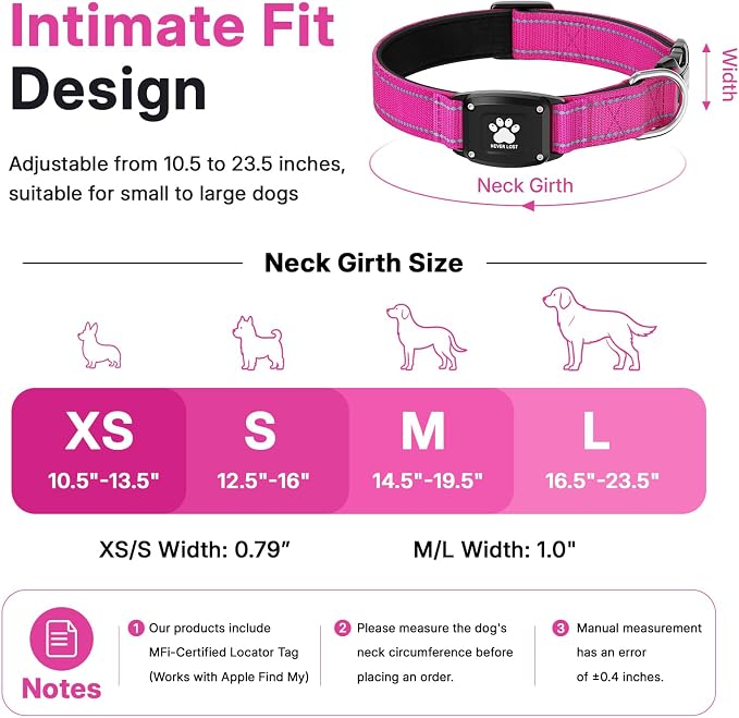 GPS Dog Collar Tracker 2-in-1,Reflective Waterproof Pet Collar,iOS-Only,No Monthly Fees,Unlimited Range,Dog Tracking Collar Pet Tracker,for Small Medium Large Dogs(S (12.5"-16"), Hot Pink)