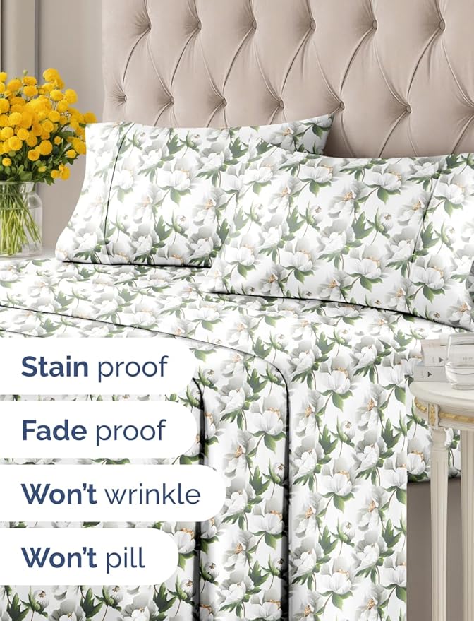 Floral Sheets - Flower Print Bed Sheet Set - 1 Flat, 1 Fitted & 1 Pillowcase w/ Deep Pockets - Comfy, Cozy, Wrinkle & Fade Free - Boho Botanical Bedding - Soft, Breathable & Cooling - Twin Size Set