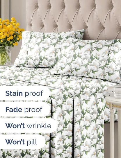 Floral Sheets - Flower Print Bed Sheet Set - 1 Flat, 1 Fitted & 1 Pillowcase w/ Deep Pockets - Comfy, Cozy, Wrinkle & Fade Free - Boho Botanical Bedding - Soft, Breathable & Cooling - Twin Size Set