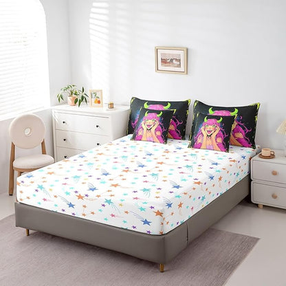 Erosebridal Anime Girl Bedding Set Full Size 7 Piece Bed in A Bag, Japanese Anime Comforter Set for Kids Boys Teens Bedroom Decor, Cartoon Girl Sheet Set Kawaii Japanese Animation Bed Set