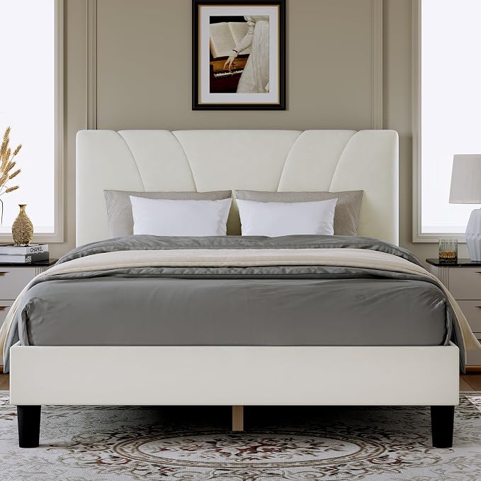Novilla Queen Bed Frame, Queen Size Bed Frame with Wooden Slats Support, Velvet Upholstered Headboard, No Box Spring Needed, Heavy Duty Feet, Easy Assembly, White Velvet
