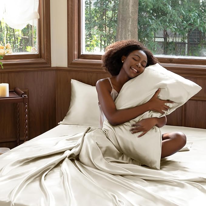 CozyLux Satin Sheets Queen Size Bed Set - 4 Piece Silky Queen Sheet Set, Luxury Beige Queen Sheets with Smooth and Soft Microfiber, Includes 1 Fitted Sheet, 1 Flat Sheet and 2 Pillowcases