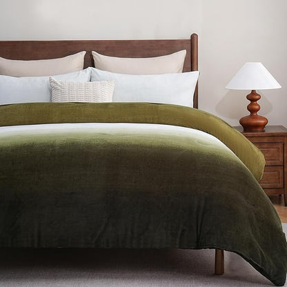 Bedbay Ombre Green Plush Fleece Comforter Set Queen Ultra Soft Velvety Bedding for Winter Thick Warm Cozy Gradient Quilt Set 3 Pcs All Season Fluffy Velvet Queen Bed Set with 2 Pillowcases