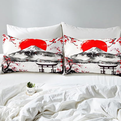 Feelyou Japanese Theme Bedding Set Queen Size Fujiyama Duvet Cover for Adult Kids Boys Girls Cherry Blossom Comforter Cover Set Natural Landscape Bedspread Cover 3Pcs Zipper