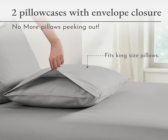 California Design Den 100% Organic Cotton King Pillowcase Pair, Set of 2, Soft & Crisp Percale Weave Cotton Pillow Covers (Light Grey)