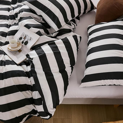 Merryword Black and White Striped Duvet Cover Set Queen Size - 100% Cotton Duvet Cover Set with Zipper Closure & 8 Corner Ties, 3-Piece Luxury Linen Like Bedding Set for All Seasons