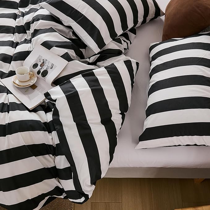Merryword Black and White Striped Duvet Cover Set King Size - 100% Cotton Duvet Cover Set with Zipper Closure & 8 Corner Ties, 3-Piece Luxury Linen Like Bedding Set for All Seasons