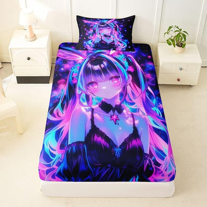Erosebridal 3D Mushroom Girls Sheets for Boys Girls Japanese Modern Fashion Fitted Sheet,Abstract Graffiti Kids Bedding Sets Watercolor Aesthetic Bed Sets Twin 2 Piece