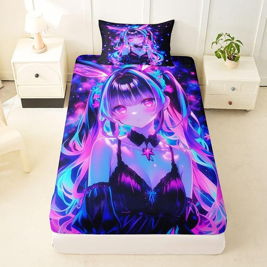 Erosebridal 3D Mushroom Girls Sheets for Boys Girls Japanese Modern Fashion Fitted Sheet,Abstract Graffiti Kids Bedding Sets Watercolor Aesthetic Bed Sets Twin 2 Piece