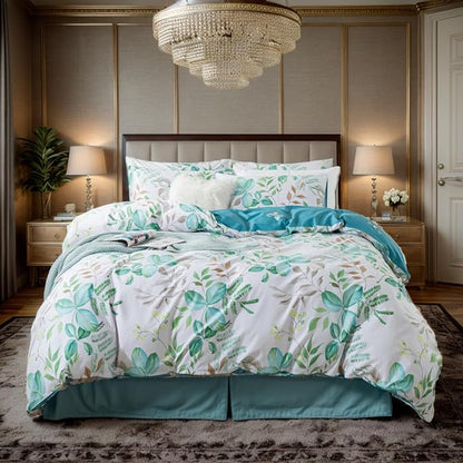 FADFAY Botanical Duvet Cover Sets King/Cal King Size 100% Cotton Teal Green Leaves Patterned Comforter Cover Aesthetic Bedding for All Season Soft Crisp Modern Bed Cover with Zipper 3 Pcs, King