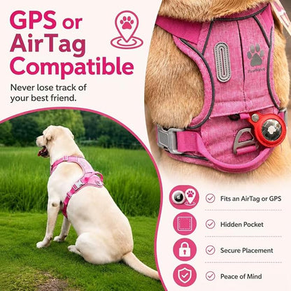 No Pull Dog Harness with Built-in Hidden AirTag & GPS Tracker Holder, Reflective Adjustable Escape-Proof Vest Harness for Small & Medium Dogs (Hot Pink, L)