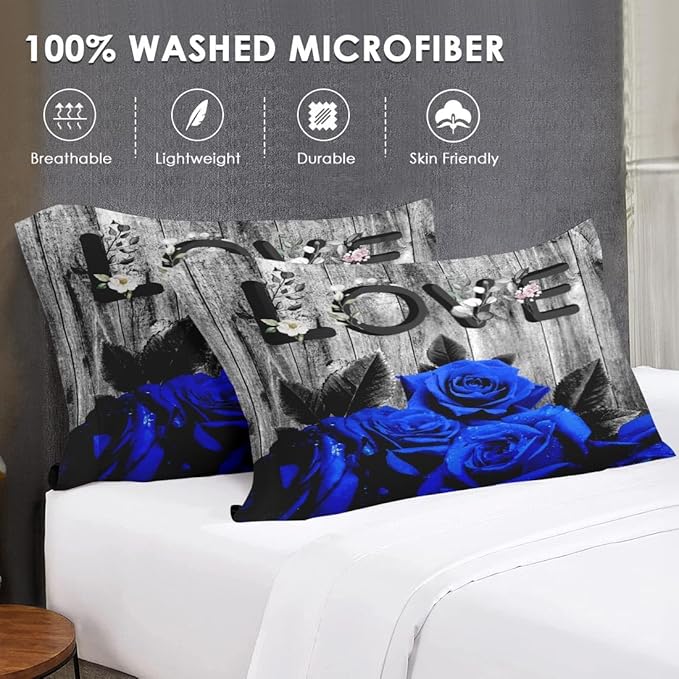 Comforter Set King Size with 2 Pillowcases, Summer Vintage Woodboard 3 Pcs Bedding for Kids and Adults, Dark Blue Rose Flower Soft Comforter Set for Bedroom Bed Decor