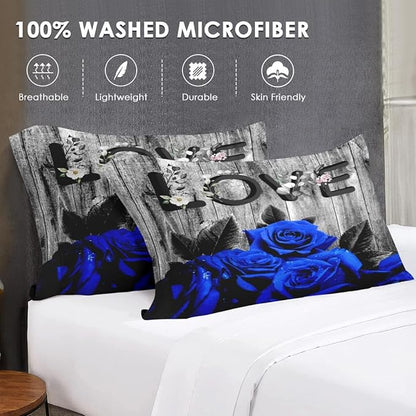 Queen Size Comforter Set with 2 Pillowcases, Dark Blue Rose Flower 3 Pcs Bedding for Kids and Adults, Summer Vintage Woodboard Soft Comforter Set for Bedroom Bed Decor