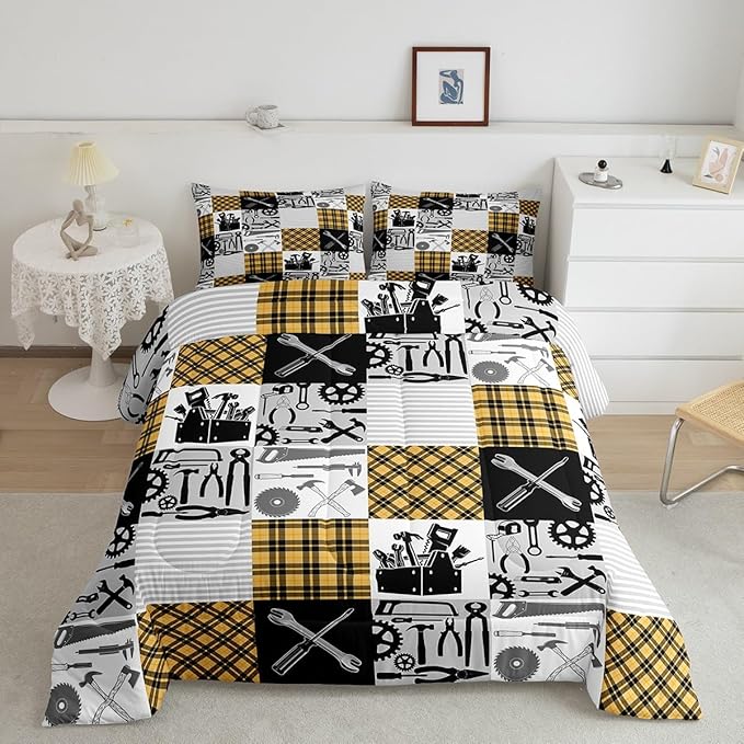 Kids Boys Car Comforter Set Wrench Repair Outfit Bedding Set Farmhouse Gingham Check Bedding Home Decor Yellow Gray Comforter Queen Size 3 Pieces Quilted Duvet Set with 2 Pillowcase