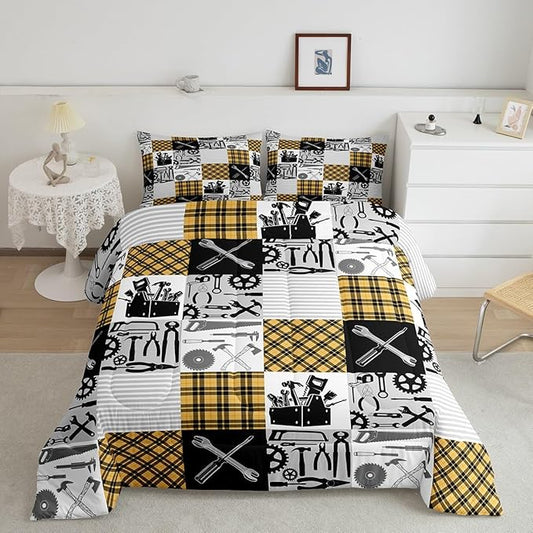 Kids Boys Car Comforter Set Wrench Repair Outfit Bedding Set Farmhouse Gingham Check Bedding Home Decor Yellow Gray Comforter Twin Size 2 Pieces Quilted Duvet Set with 1 Pillowcase