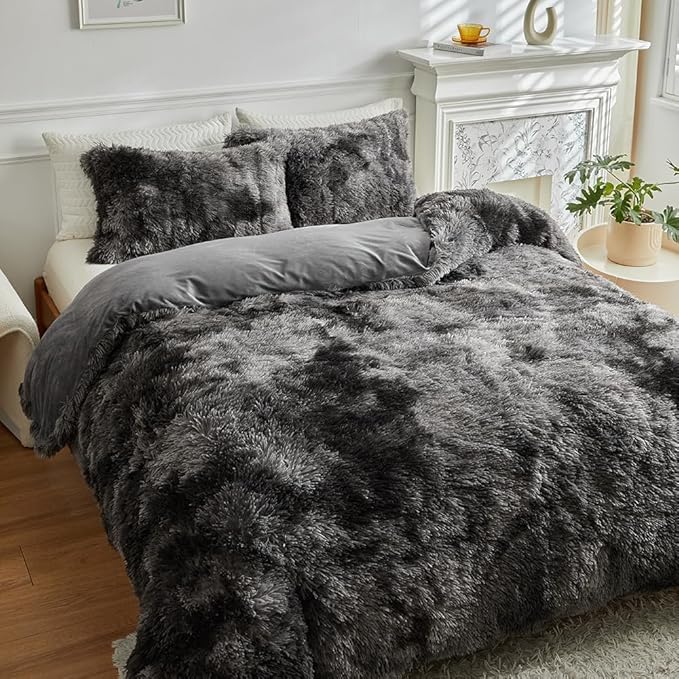 Wajade Faux Fur Plush Tie Dye Dark Grey White Comforter Set Fluffy Fuzzy Shaggy Bedding Set - 3PC King Size Microfiber Soft Warm Quilt Set