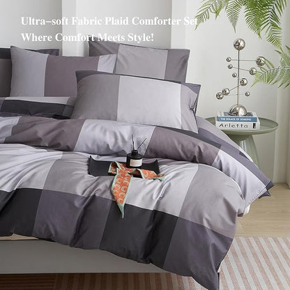 mixinni Twin XL Comforter Set Men Boys Geometric Checkered Plaid Printed Bedding Comforter for All Season Soft Lightweight Bedding Set-(Twin XL Size, Grey,Black)