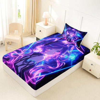 Erosebridal 3D Anime Twin Bed Sheets Japanese Girl Fitted Sheet,Girly Galaxy Stars Kids Bedding Sets Purple Neon Sheets with 1 Pillowcase