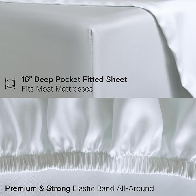 DOZ Sheet Set, 100% Viscose derived from Bamboo, Organically Grown, Buttery Soft, Cooling Sheets, High GSM, Deep Pockets - 4 Piece - 2 Pillowcases 1 Fitted 1 Top Sheet (Snow, Queen)