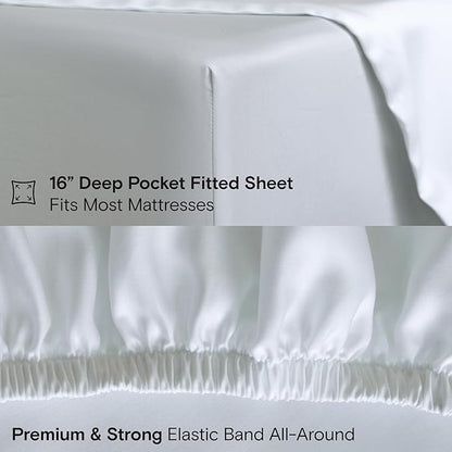 DOZ Sheet Set, 100% Viscose derived from Bamboo, Organically Grown, Buttery Soft, Cooling Sheets, High GSM, Deep Pockets - 4 Piece - 2 Pillowcases 1 Fitted 1 Top Sheet (Snow, Queen)