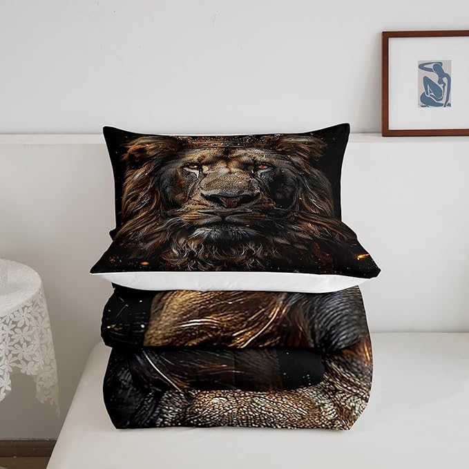 Castle Fairy 3D Lion Comforter Set Full Size Wild African Animal Bedding Set Bedroom Decor Golden Glitter Crown Quilt Set Comfortable and Breathable Luxury Black Duvet Insert with 2 Pillowcases