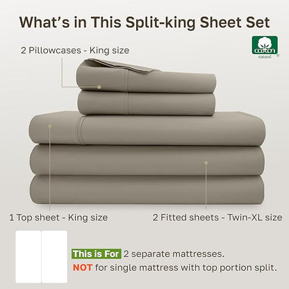 California Design Den Split King Sheets Sets for Adjustable Bed - Soft 100% Cotton Sheets, 400 Thread Count Sateen, Deep Pockets, Durable Bedding - Taupe