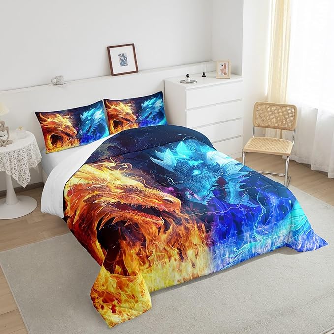 Dragon Comforter Set,Ice and Fire Magical Dragon Twin Size Boys Bedding Set for Kids Teens Men Adults Room Decor,Animal Pattern Duvet Insert,Blue and Golden Wildlife Quilt Set 2Pcs,1 Pillowcase