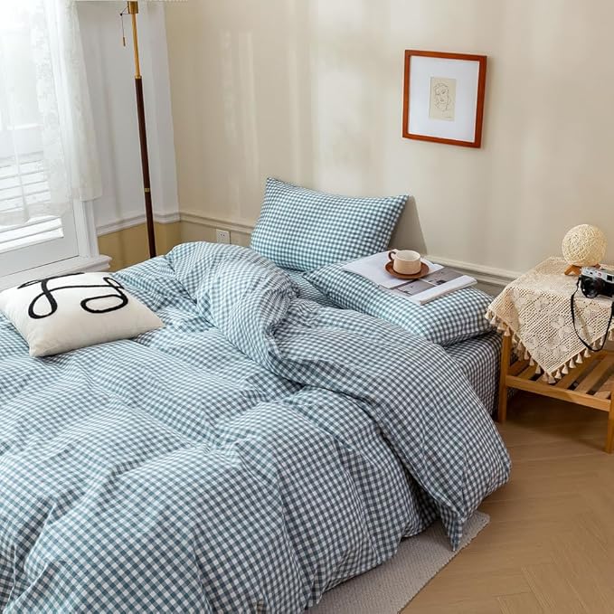 EAVD Blue Gingham Comforter Set King Soft Fluffy White and Blue Plaid Bedding Set with 2 Pillowcases Modern Grid Plaid Comforter Set Reversible Farmhouse Gingham Bedding Set for All-Season