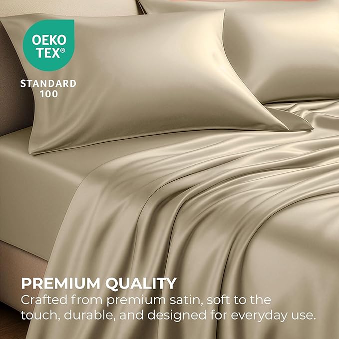 Satin Sheets King [4-Piece, Champagne Gold] Hotel Luxury Silky Bed Sheets - Extra Soft 1800 Microfiber Sheet Set, Wrinkle, Fade, Stain Resistant - Deep Pocket Fitted Sheet, Flat Sheet, Pillow Cases