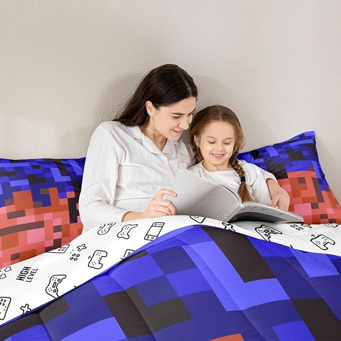 Pixelated Blocks Miners Comforter Set King Size,Video Games Game Gamepad Kids Bedding Set,Geometric Grid Patchwork Quilt Comforter,Blue Red Duvet Insert,2 Pillowcases