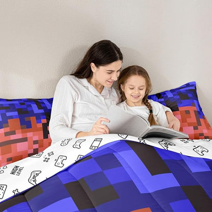 Pixelated Blocks Miners Comforter Set King Size,Video Games Game Gamepad Kids Bedding Set,Geometric Grid Patchwork Quilt Comforter,Blue Red Duvet Insert,2 Pillowcases
