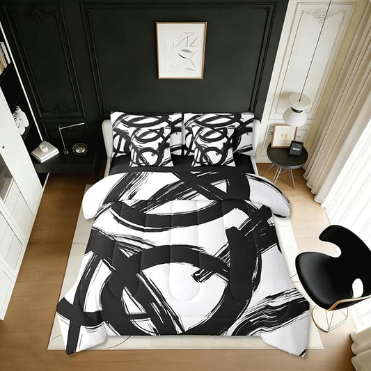 Erosebridal Black White Abstract 7 Piece Comforter Set Full Bed in A Bag Modern Graffiti Minimalist Line Bedding Set Simple Sketch Cool Unique Geometric Sheet Set Ink Painting Aesthetic Quilt