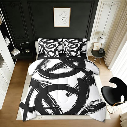 Erosebridal Black White Abstract 7 Piece Comforter Set Twin Bed in A Bag Modern Graffiti Minimalist Line Bedding Set Simple Sketch Cool Unique Geometric Sheet Set Ink Painting Aesthetic Quilt