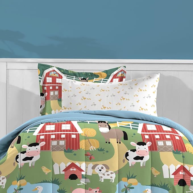 Dream Factory Kids 5-Piece Complete Bed Set Easy-Wash Super Soft Microfiber Comforter Bedding, Twin, Multi Barnyard Animals