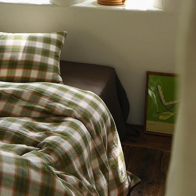 EAVD Vintage Style Gingham Duvet Cover Full Soft 100% Muslin Cotton Yarn-Dyed Textured Chic Pink&Green Grid Plaid Bedding Set with 2 Pillowcases British-Style Plaid Duvet Cover with Zipper