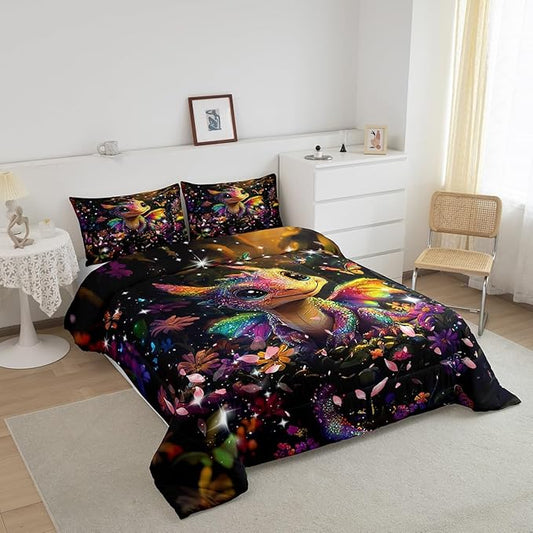 Feelyou Dragon Comforter Set King Size Dragon Stuff Comforter for Boys Girls Teens Shiny Flower Bedding Set Dragon Decor Duvet Set Room Decor Carbon Black Quilt Set