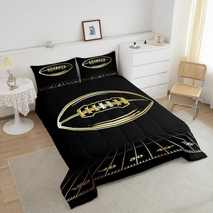 Feelyou Football Bedding Set Queen Kids Rugby Sports Comforter Set American Football Comforter Set for Boys Golden Black Room Decor Lightweight Quilt Set with 2 Pillow Case