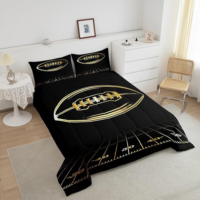 Feelyou Football Bedding Set King Kids Rugby Sports Comforter Set American Football Comforter Set for Boys Golden Black Room Decor Quilt with 2 Pillow Case Boys