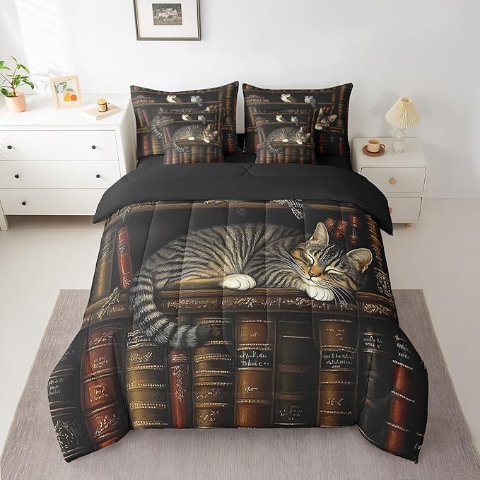 Feelyou Vintage Library Comforter Set 7 Pieces Twin Size Book Cat Bedding Set for Boys Girls Cute Bookshelf Bed in a Bag with Comforter, Sheets, Pillowcases & Cushion Covers