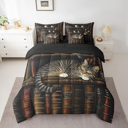 Feelyou Vintage Library Comforter Set 7 Pieces Twin Size Book Cat Bedding Set for Boys Girls Cute Bookshelf Bed in a Bag with Comforter, Sheets, Pillowcases & Cushion Covers