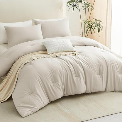 CozyLux Twin/Twin XL Comforter Set Beige, 2 Pieces Twin Extra Long Solid Breathable Bedding Sets for College Dorm, Luxury Soft Bed Set with Down Alternative Comforter and 1 Pillowcase All Seasons