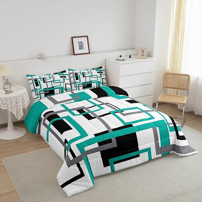 Erosebridal Square Comforter Set for Teens Youth,Black White Blue Bedding Set,Geometric Quilt Set Modern Bedroom Decor,Mid Century Grid Duvet Insert with 2 Pillowcases Lightweight Warm,Full