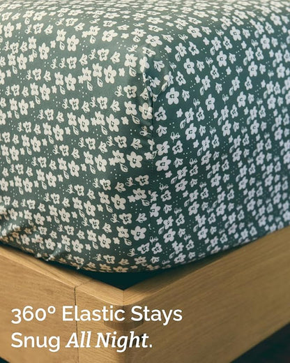 Floral Sheets - Green Floral Bed Sheet Set - 1 Flat, 2 Fitted & 2 Pillowcases w/ Deep Pockets - Comfy, Wrinkle & Fade Free - Boho Botanical Bedding - Soft, Breathable and Cooling - Split King Size Set