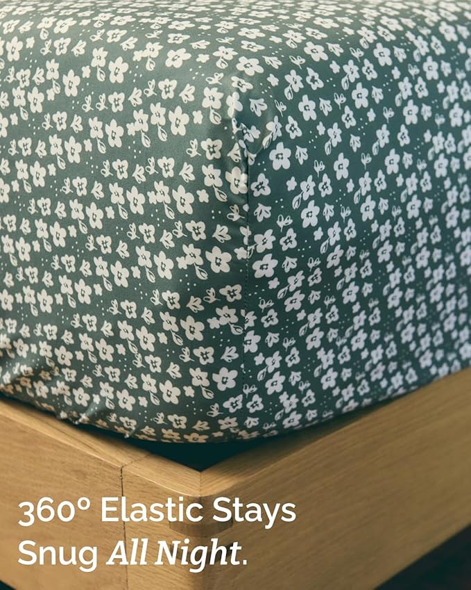 Floral Sheets - Green Floral Bed Sheet Set - 1 Flat, 1 Fitted & 1 Pillowcase w/ Deep Pockets - Comfy, Wrinkle & Fade Free - Boho Botanical Bedding - Ultra-Soft, Breathable & Cooling - Twin XL Size Set