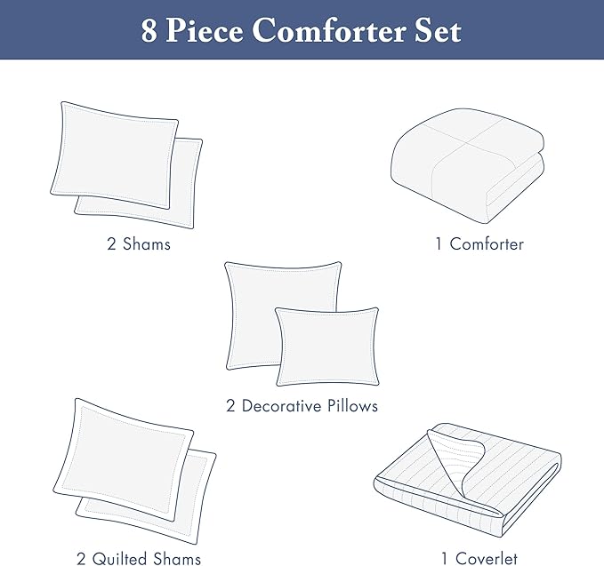 Madison Park Marina Comforter Quilt Combo Set - Modern Luxury Design, All Season Down Alternative Bedding, Matching Shams, Decorative Pillows, King/Cal King(104"x92") Seersucker Blue 8 Piece